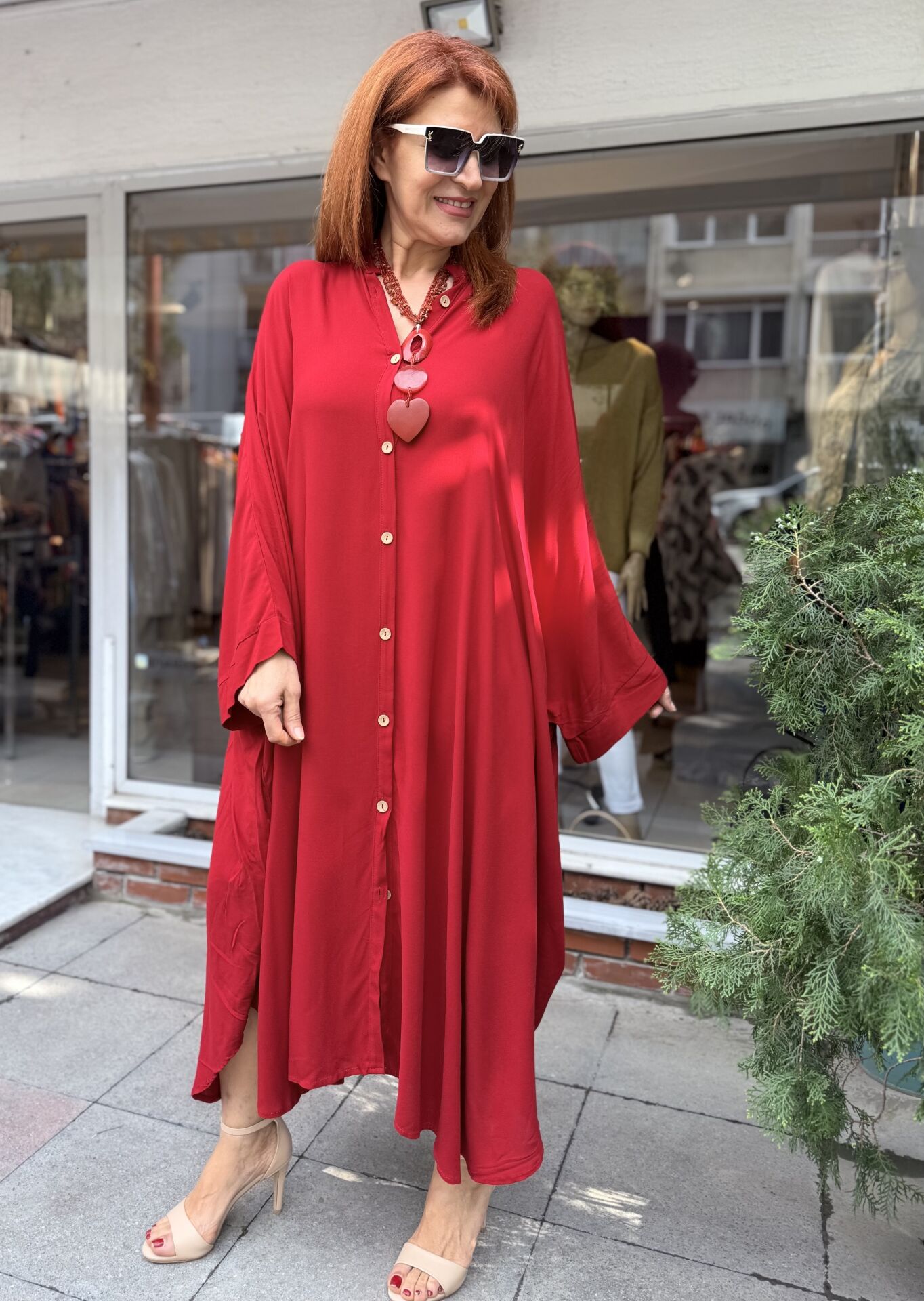 İtalyan Yarasa Kol Uzun Elbise Bordo