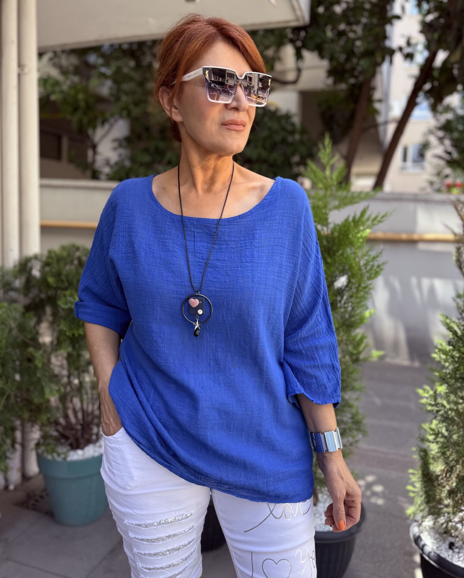 İtalyan Pamuk Keten Bluz Saks Mavi