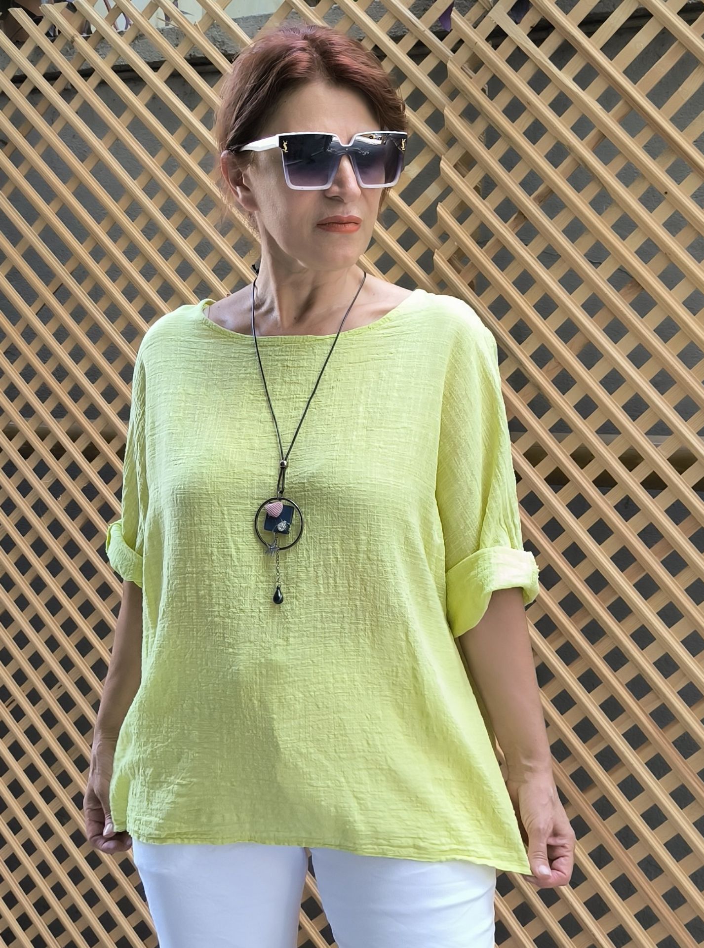 İtalyan Pamuk Keten Bluz Lime