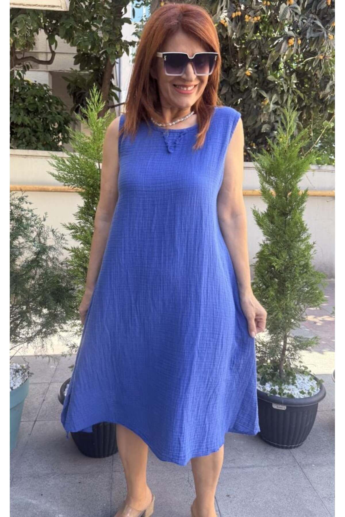 Müslin Kalın Askılı Elbise Saks Mavi