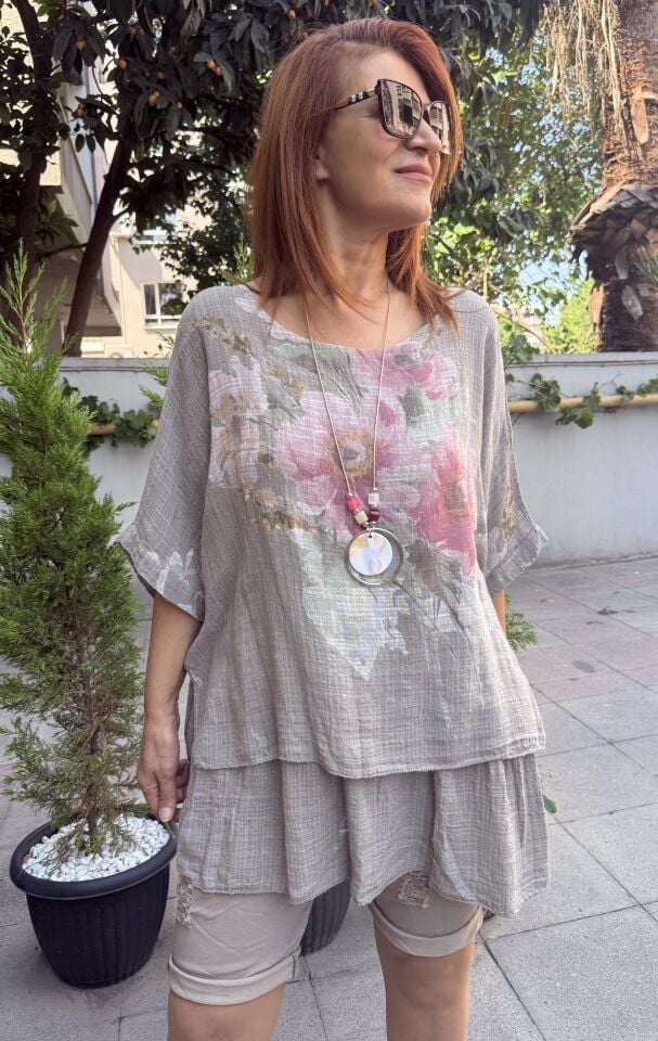 Clara Çİçekli Kolyeli Bluz Vizon