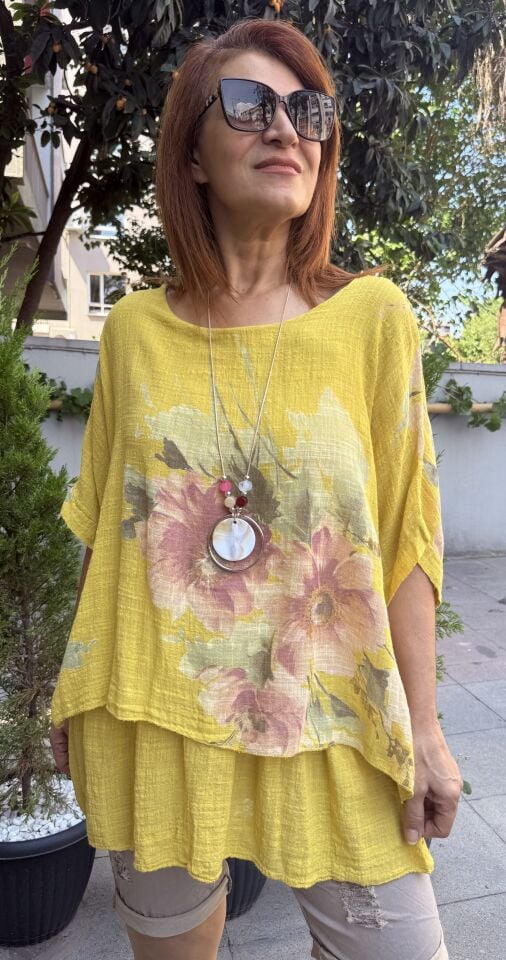 Clara Çiçekli Kolyeli Bluz Hardal