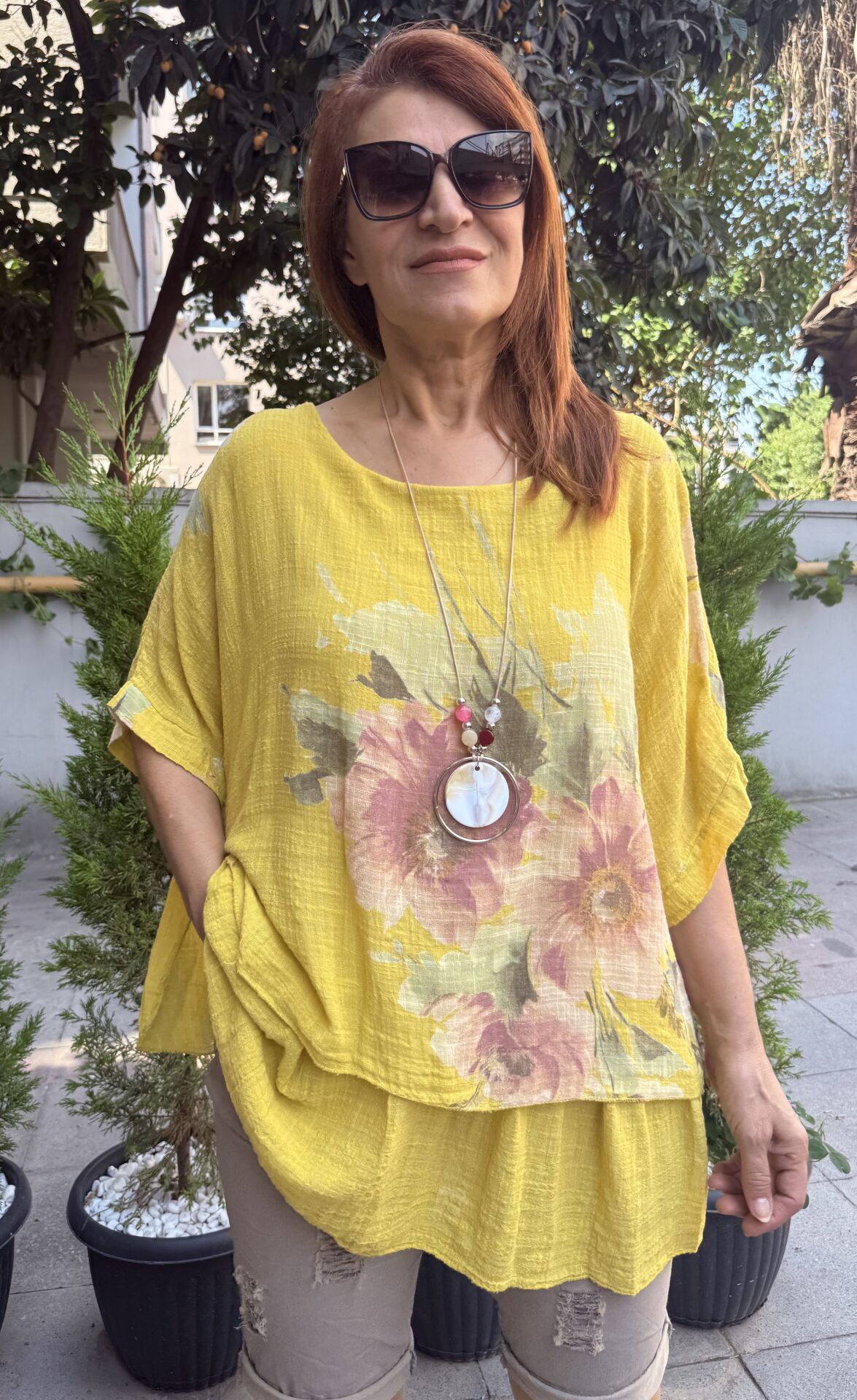 Clara Çiçekli Kolyeli Bluz Hardal