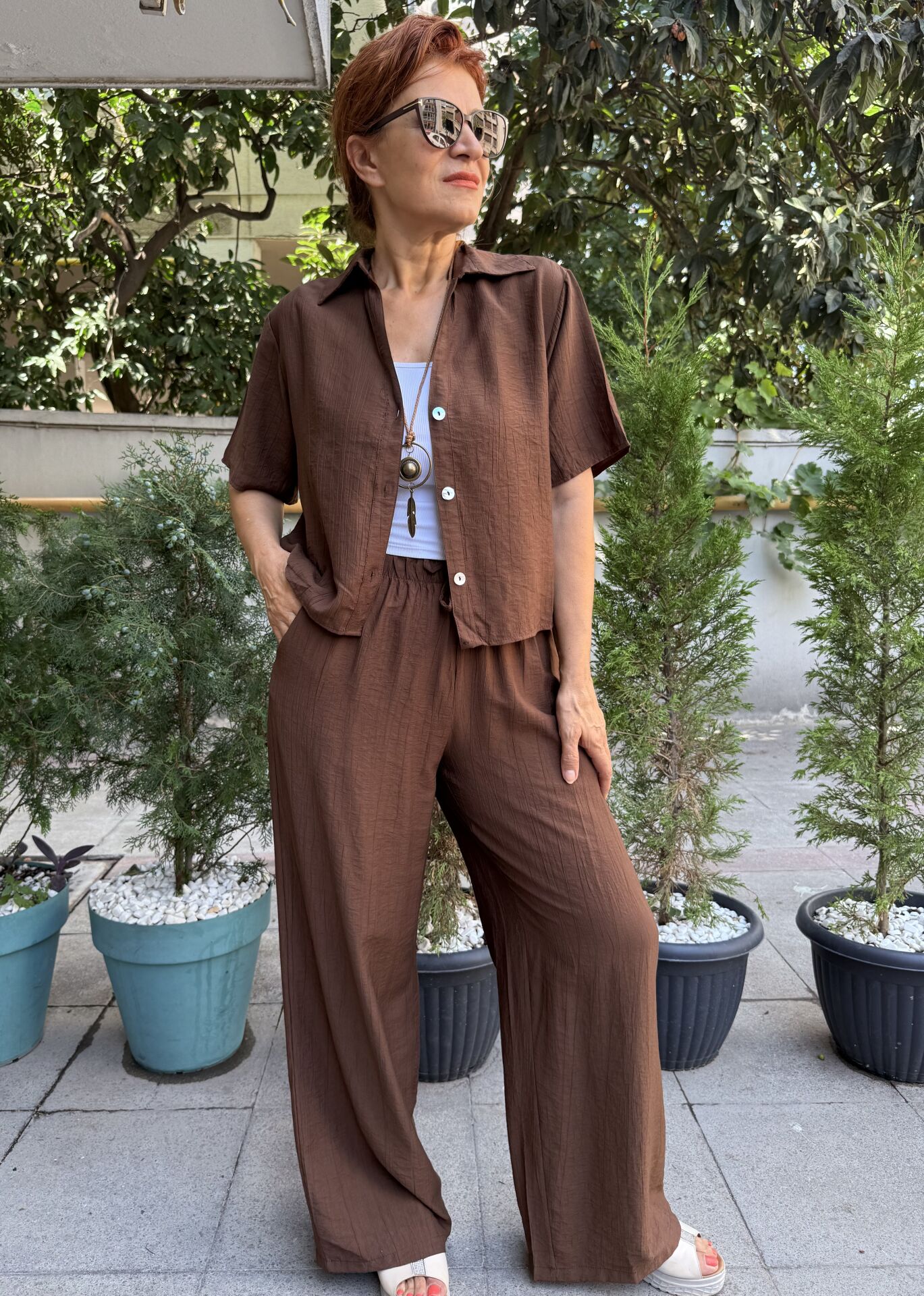 Dokulu Gömlek/Pantolon Takım Acı Kahve