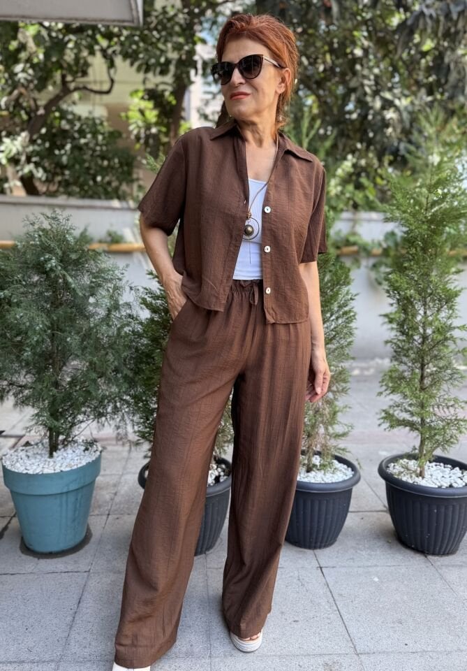 Dokulu Gömlek/Pantolon Takım Acı Kahve