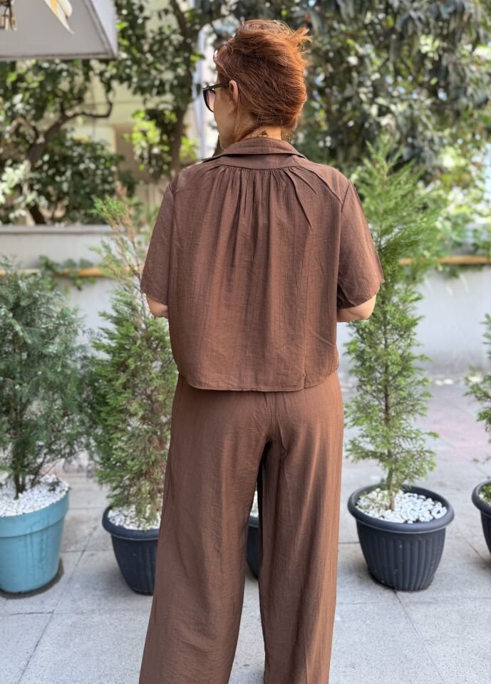 Dokulu Gömlek/Pantolon Takım Acı Kahve