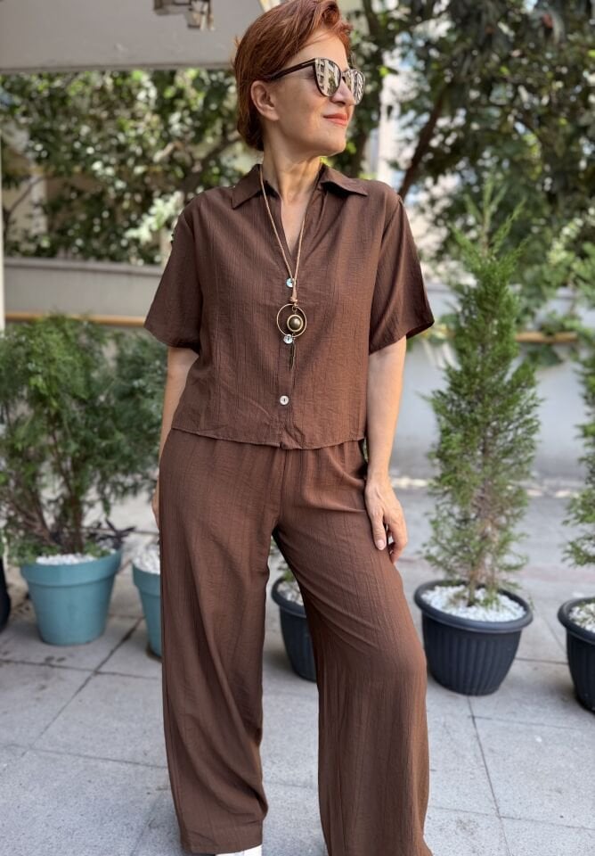 Dokulu Gömlek/Pantolon Takım Acı Kahve