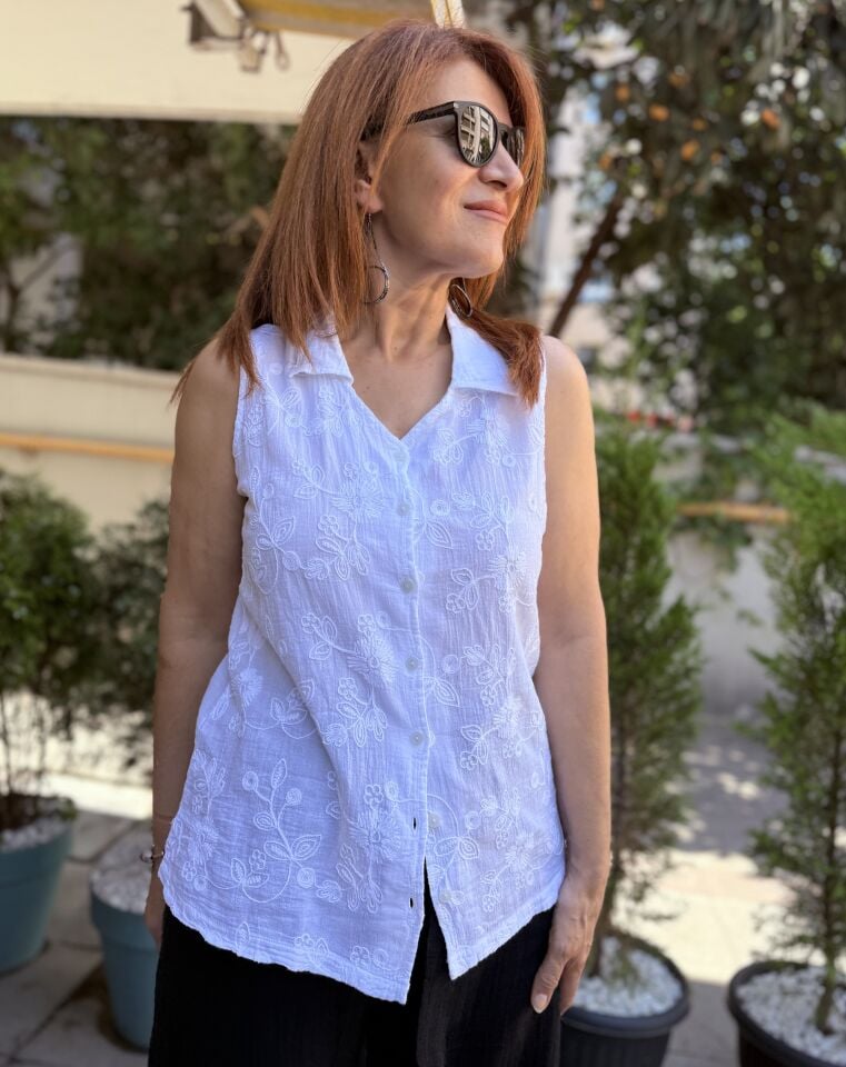 Kolsuz Güpür Gömlek Beyaz