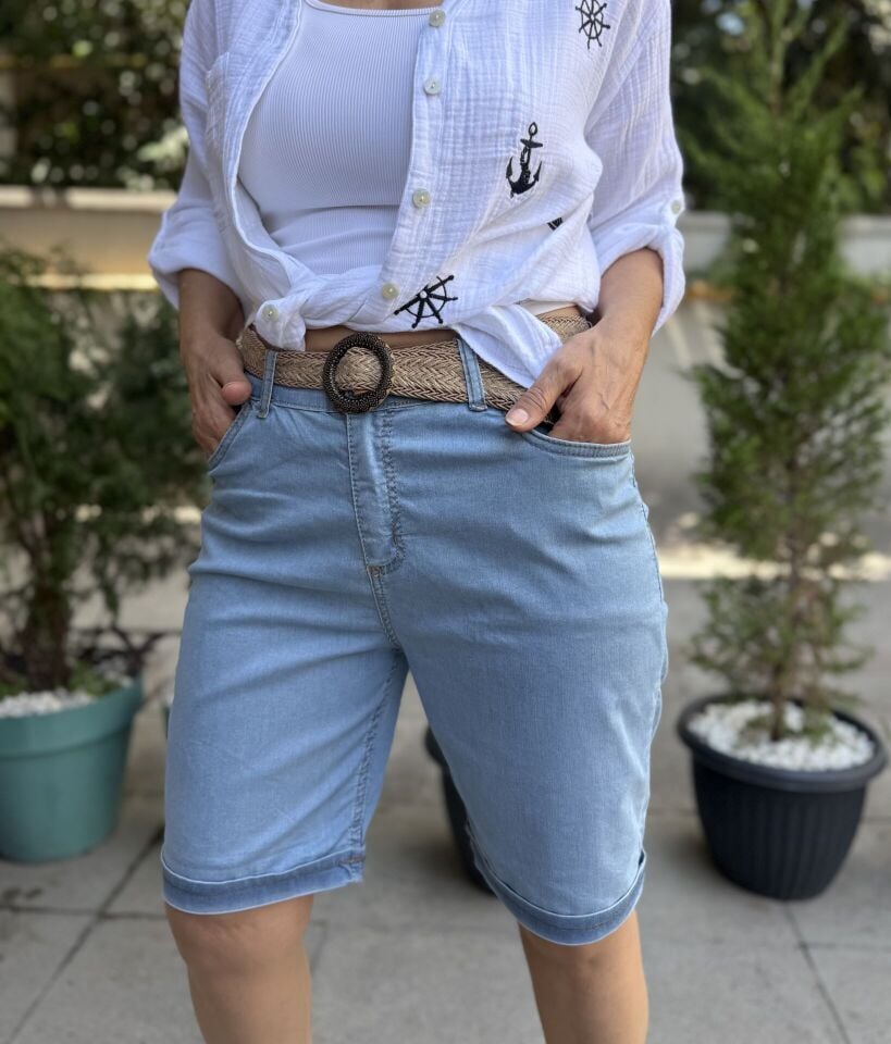 Likralı Kot Şort Açık Mavi