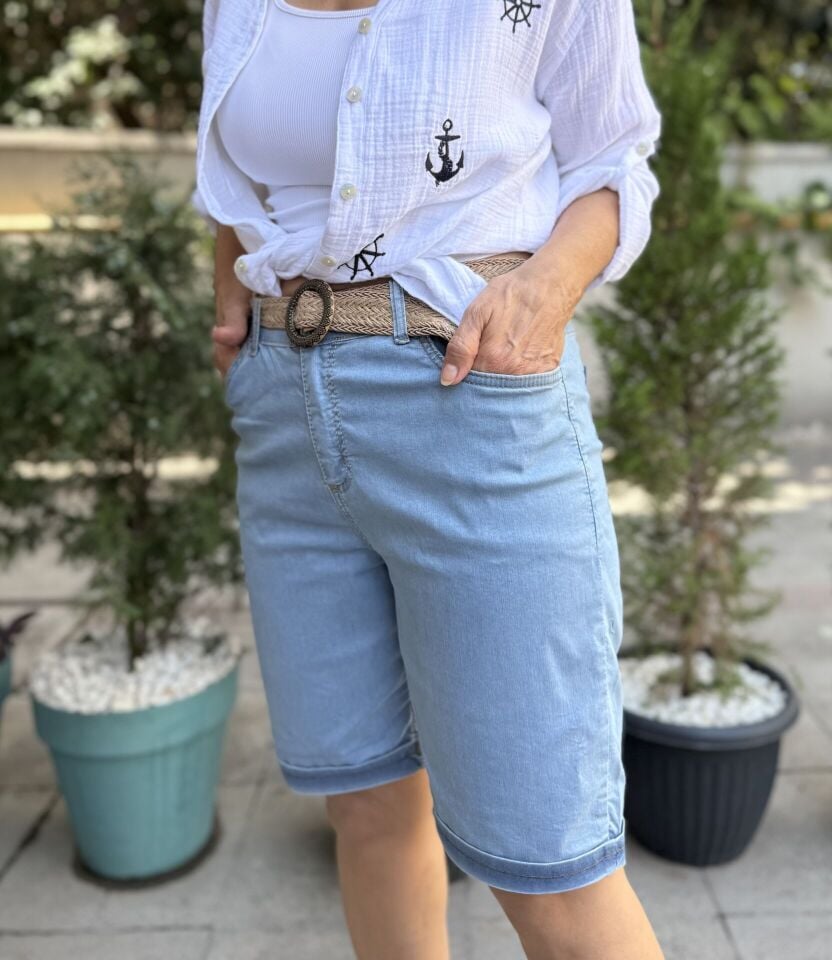 Likralı Kot Şort Açık Mavi