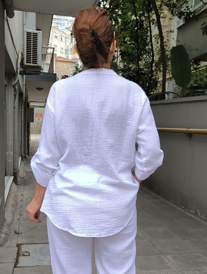 Çapalı Müslin Gömlek Beyaz