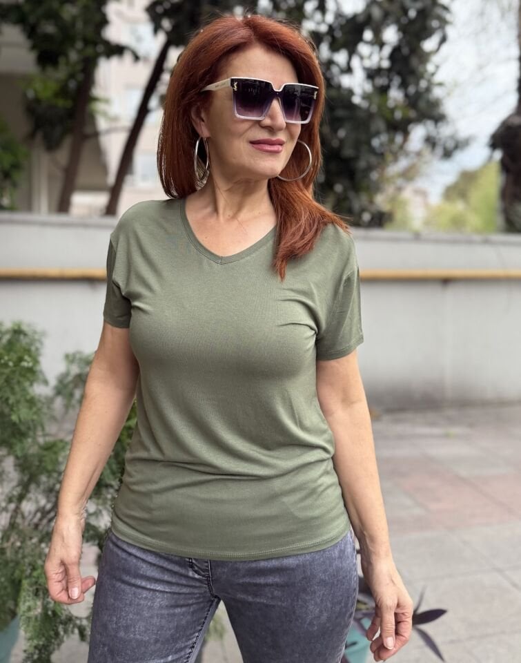 Viskon Ön Arka V Tişört Haki