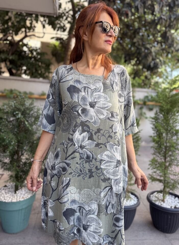 İtalyan Yarım Kol Çiçekli Elbise Haki
