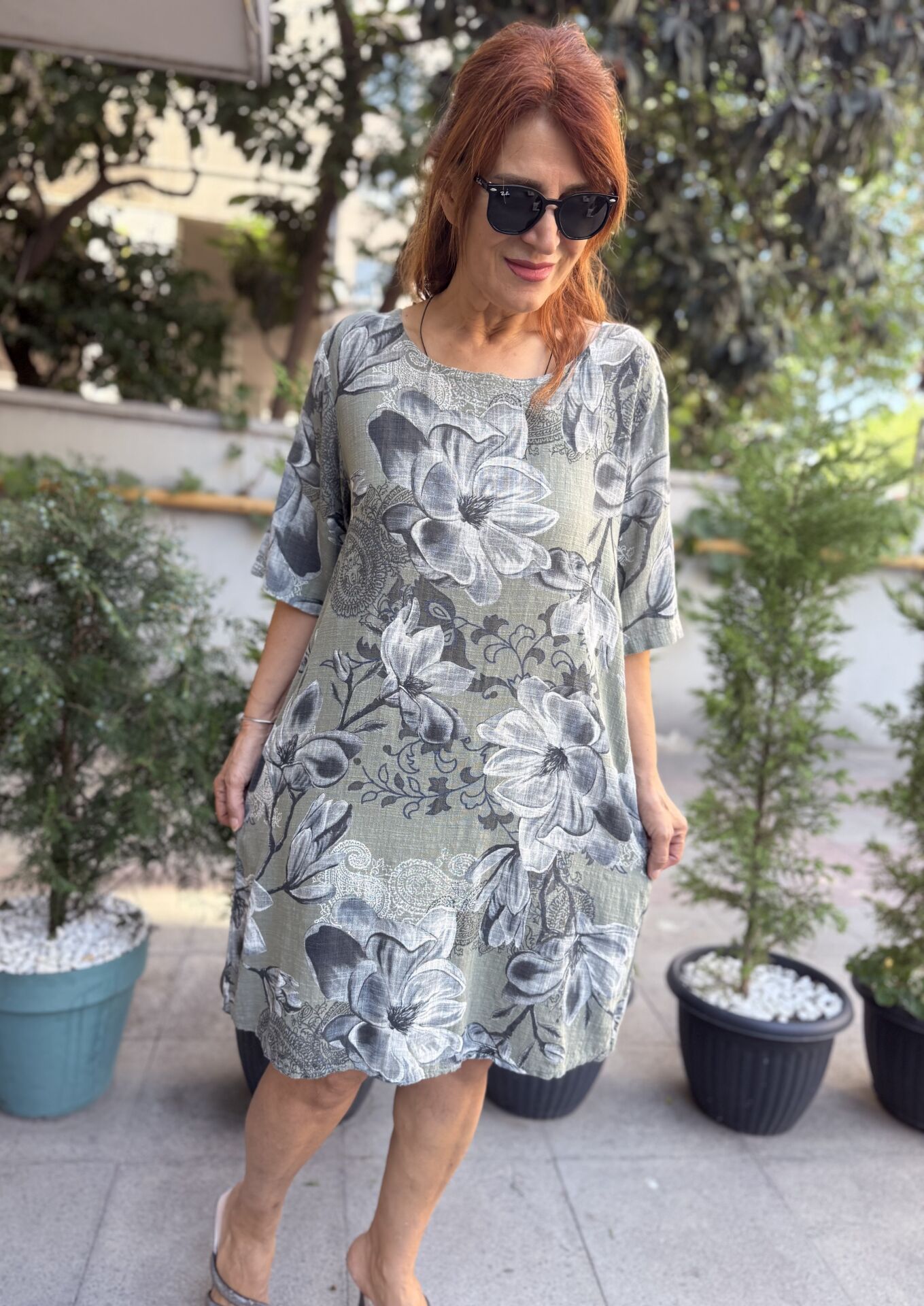 İtalyan Yarım Kol Çiçekli Elbise Haki