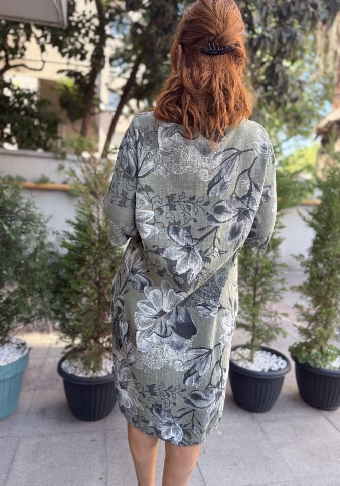 İtalyan Yarım Kol Çiçekli Elbise Haki