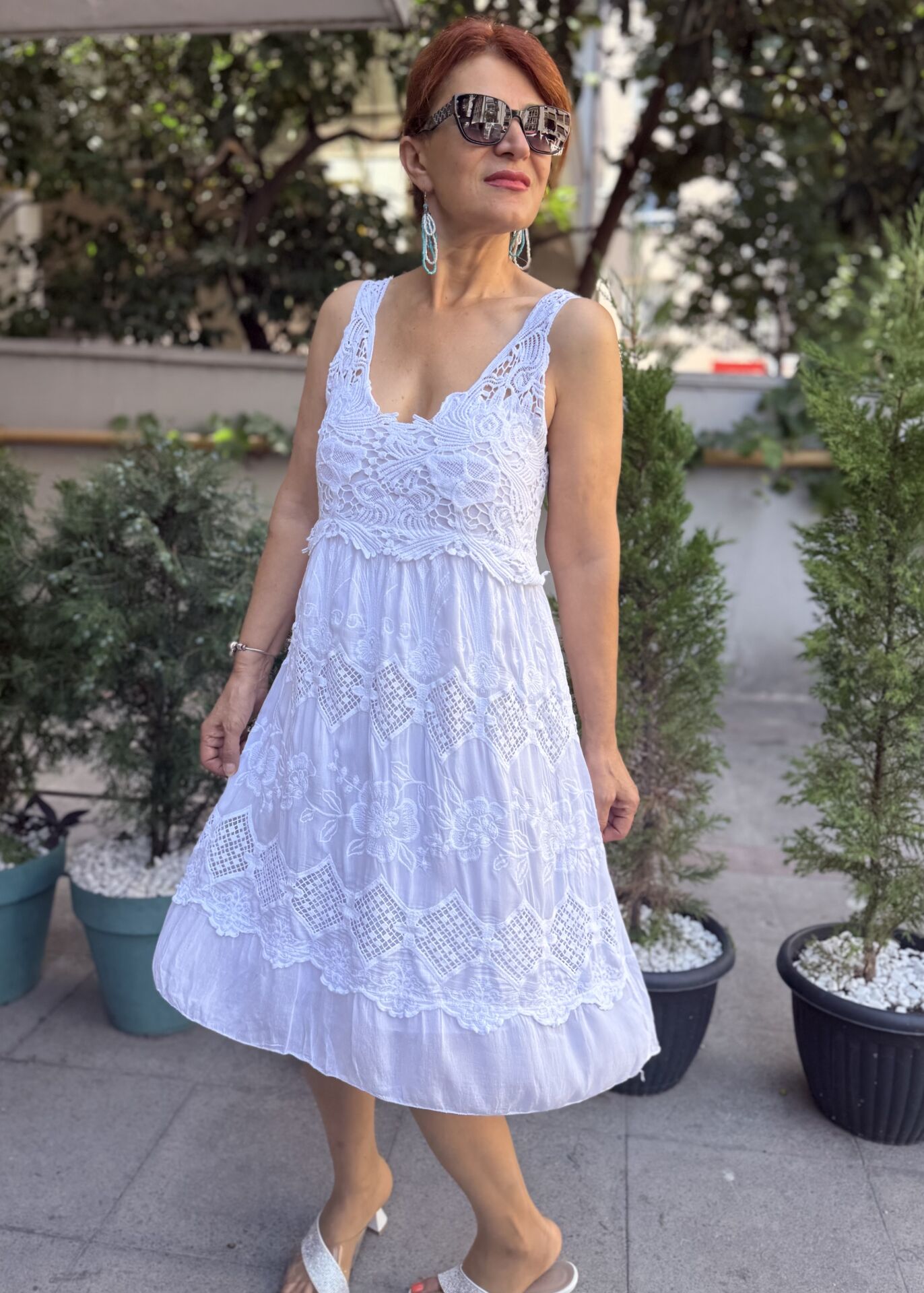 İtalyan Askılı Güpür Elbise Beyaz