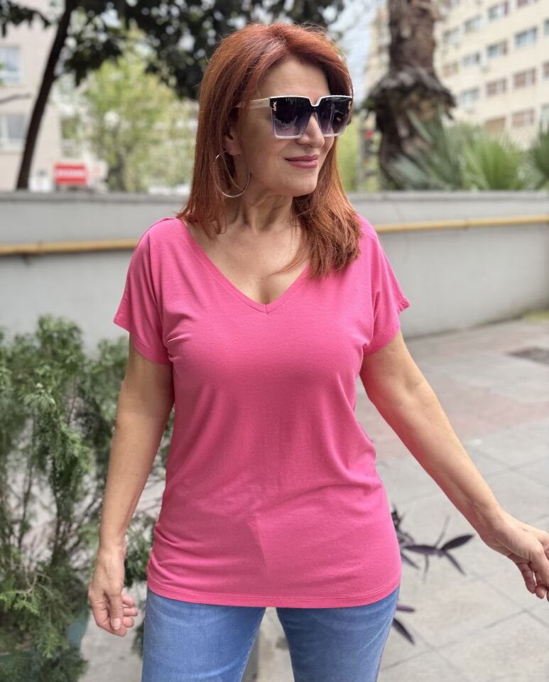 NCD- Viskon Ön Arka V Tişört Fuşya