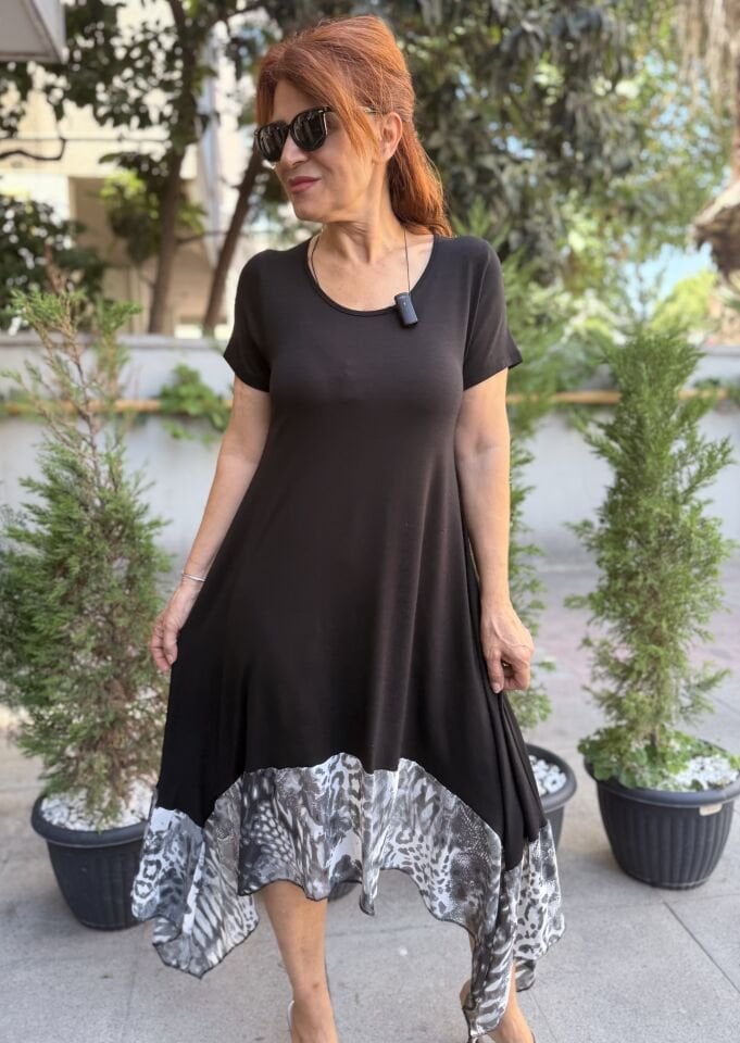 Şifon Etekli Viskon Elbise Siyah/Beyaz