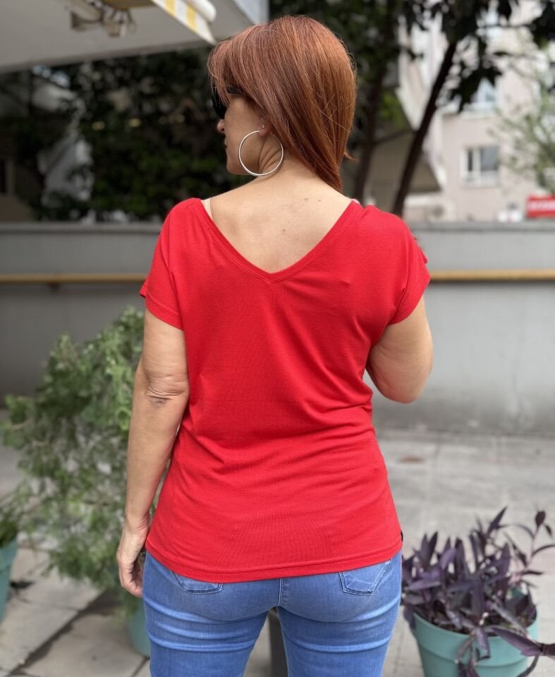 Viskon Ön Arka V Tişört Kırmızı