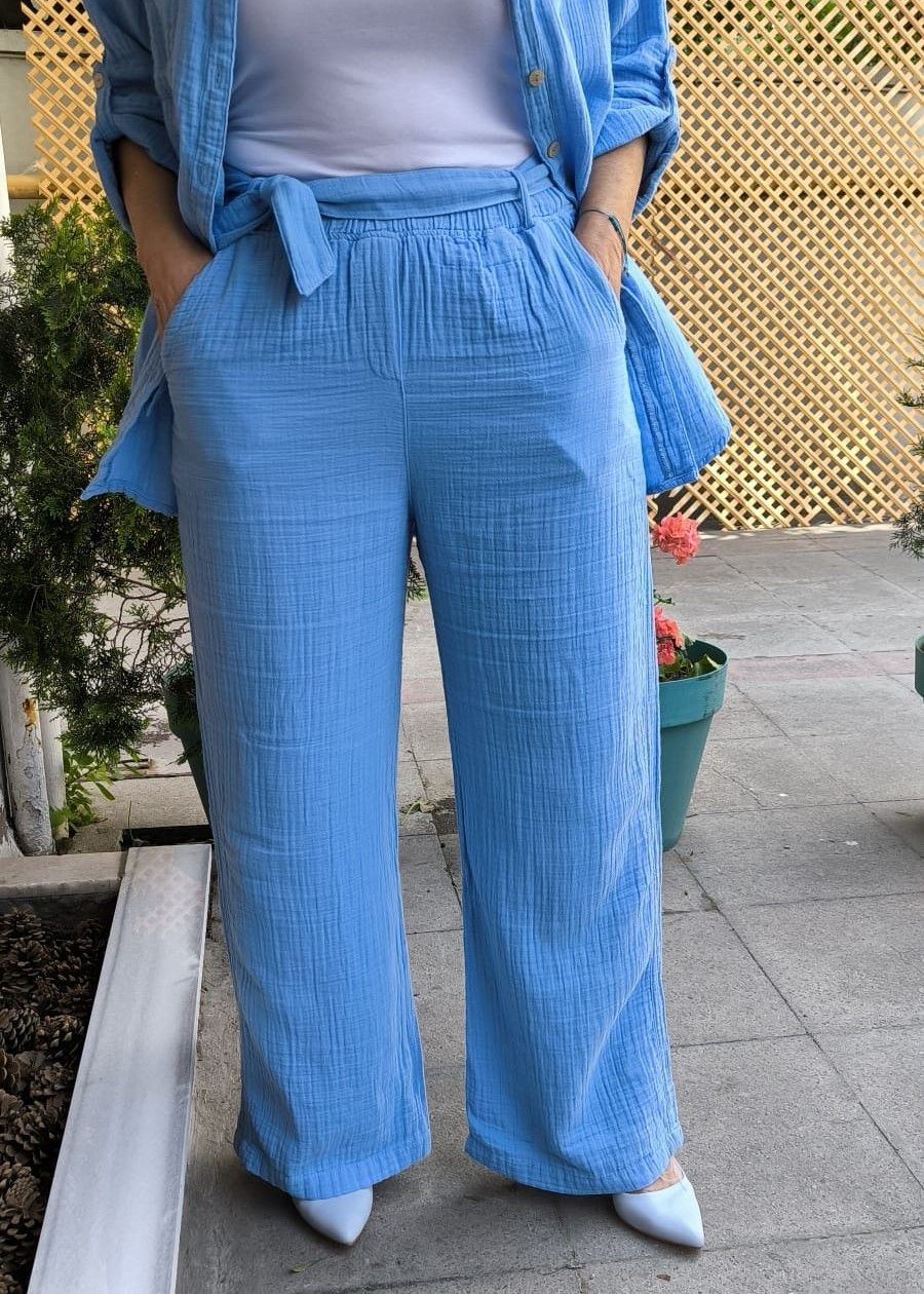 Kuşaklı Müslin Pantolon Bebe Mavi