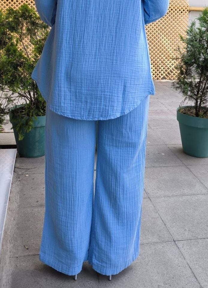 Kuşaklı Müslin Pantolon Bebe Mavi