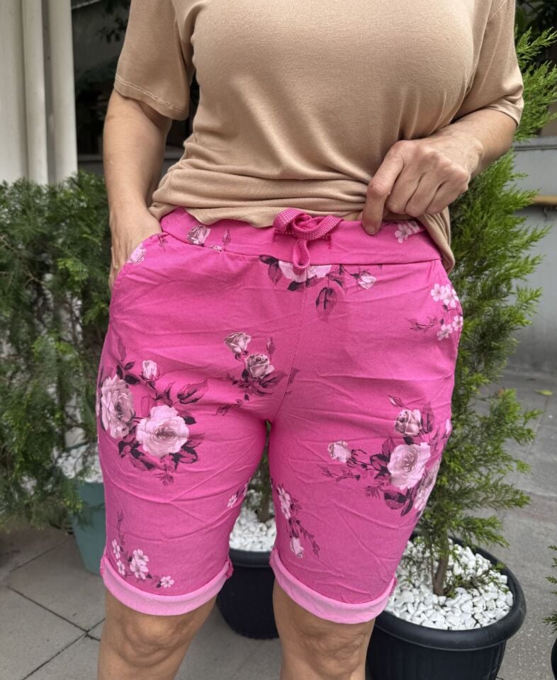 Çiçekli İtalyan Şort Pembe