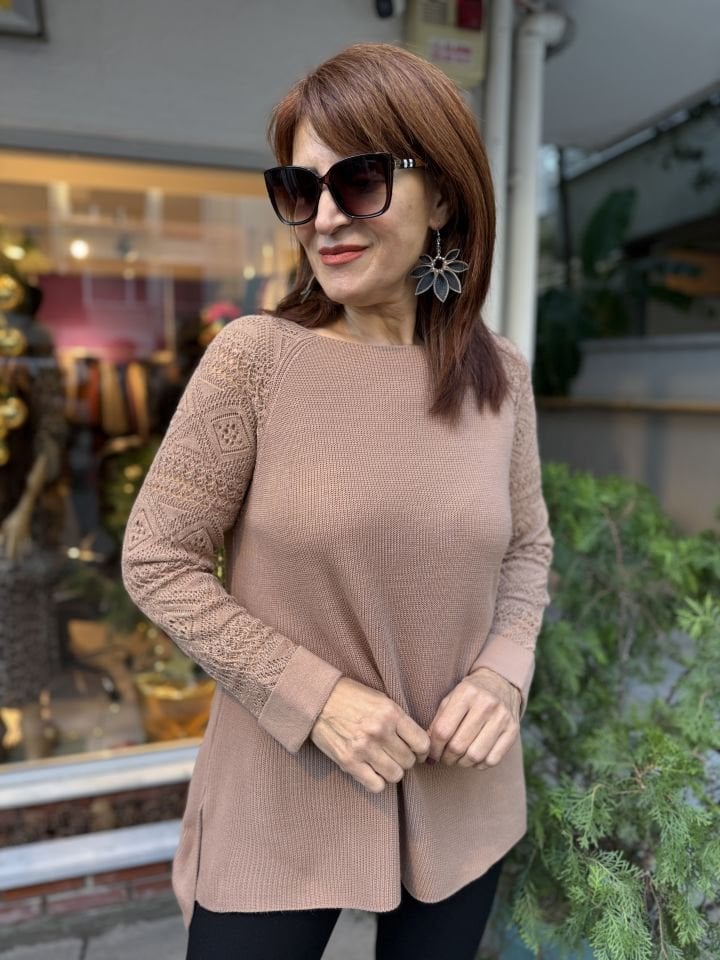Örgü Detaylı Simli Triko Bej