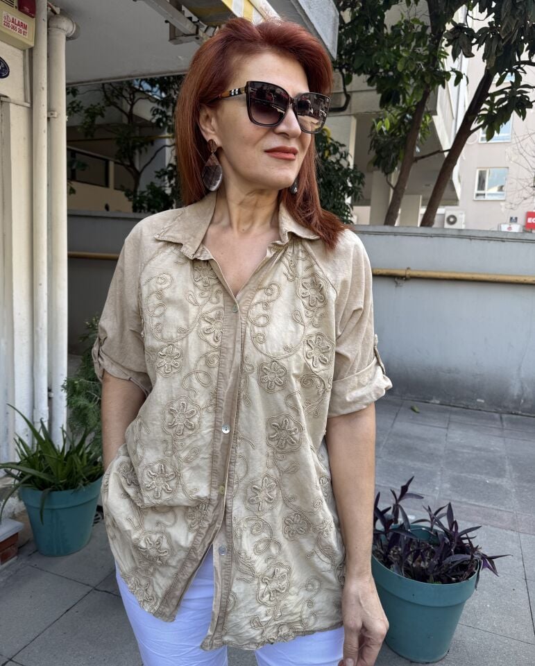 Reglan Kabartmalı Gömlek Sütlü Kahve