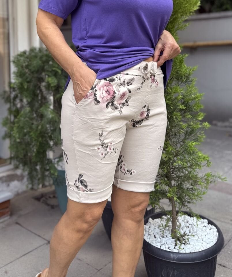 Çiçekli İtalyan Şort Bej