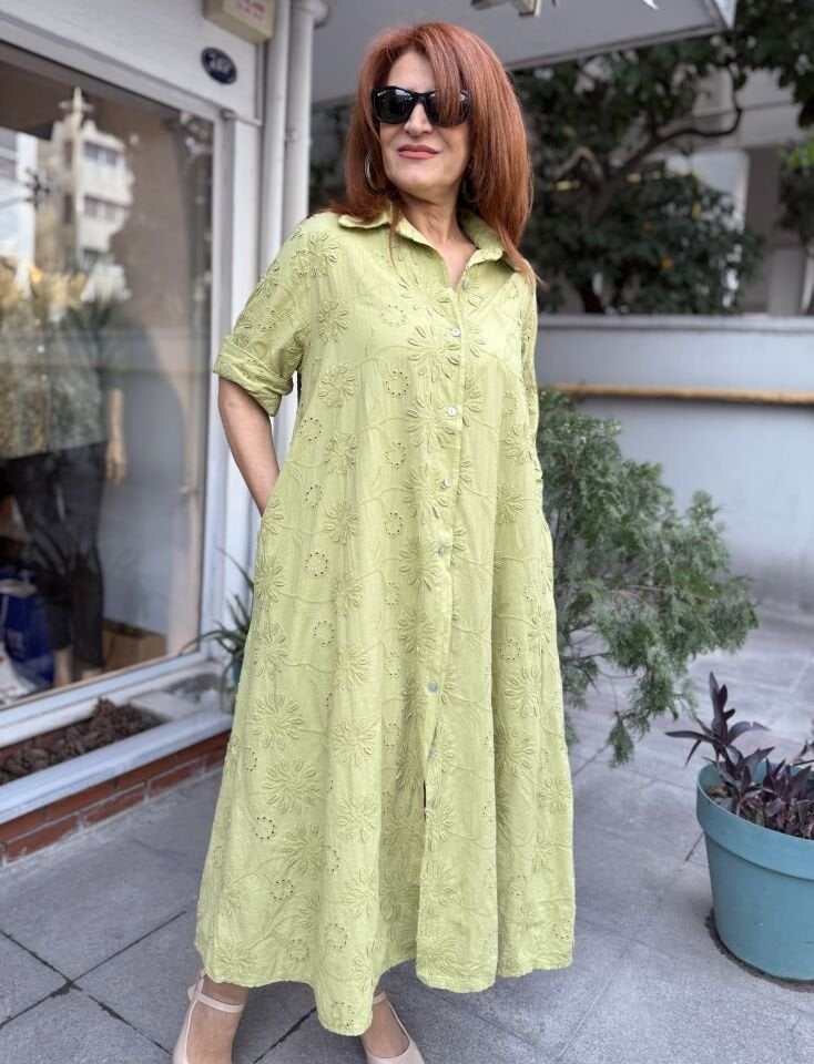 İtalyan Güpür Elbise Fıstık Yeşil