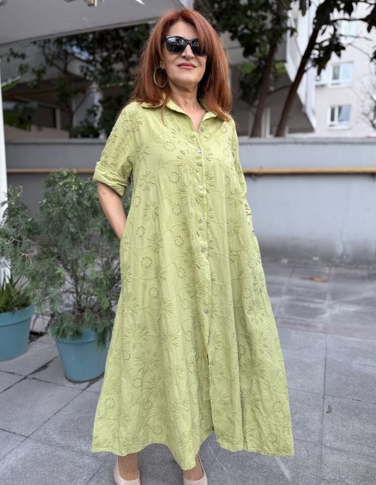 İtalyan Güpür Elbise Fıstık Yeşil