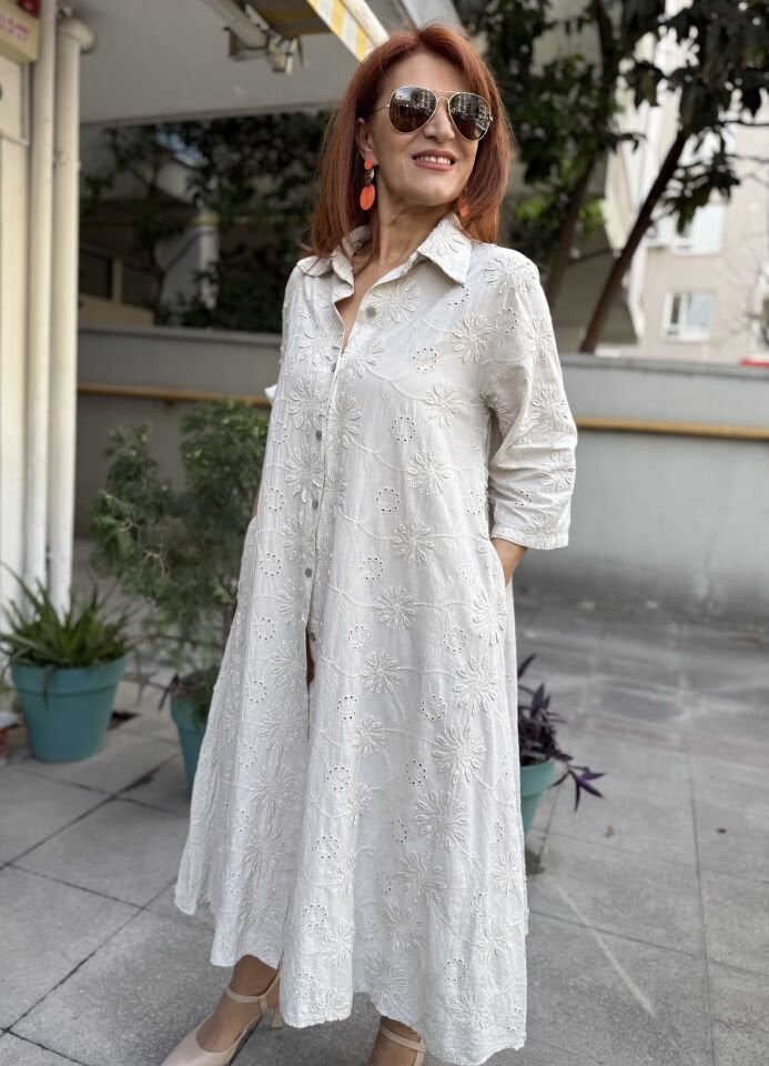 İtalyan Güpür Elbise Ekru