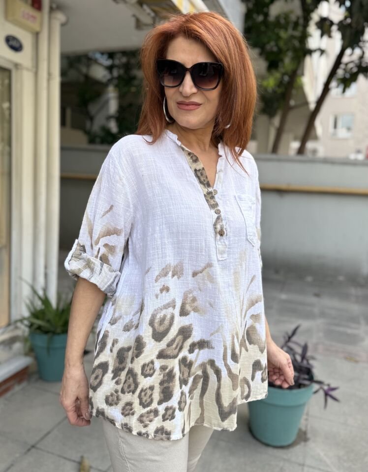 İtalyan Eteği Leopar Bluz Beyaz