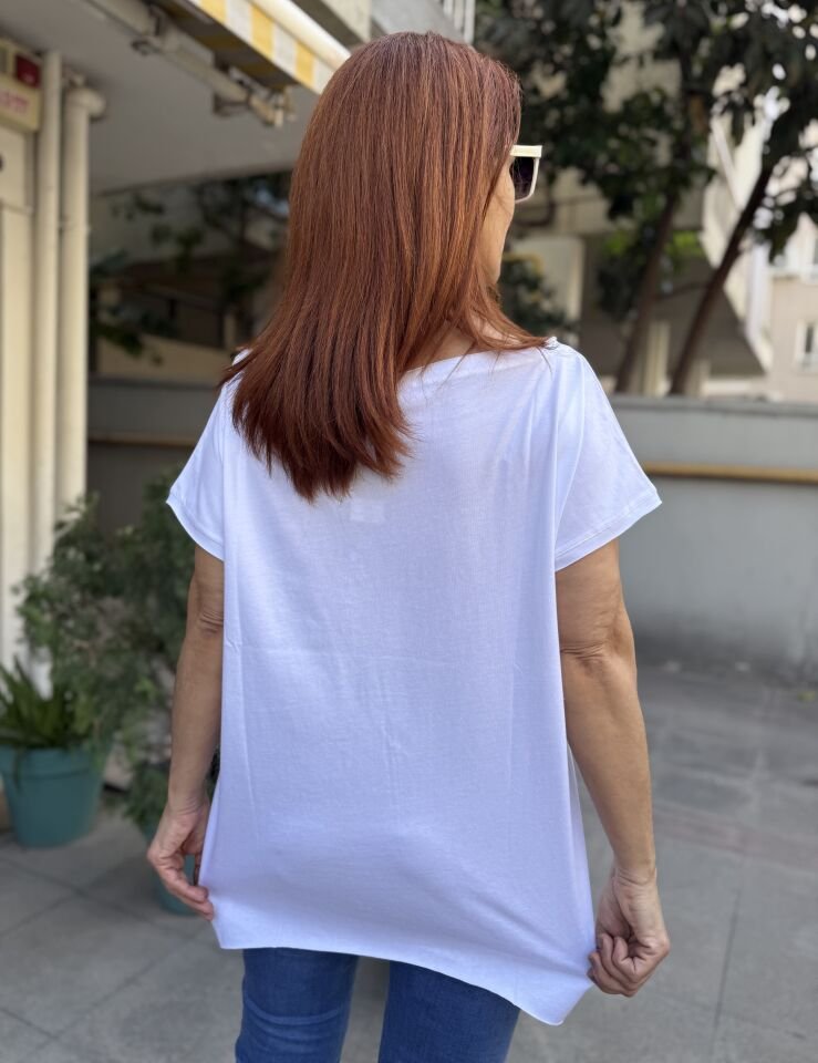 A- 0606 Kayık Yaka Pamuk Tişört Beyaz