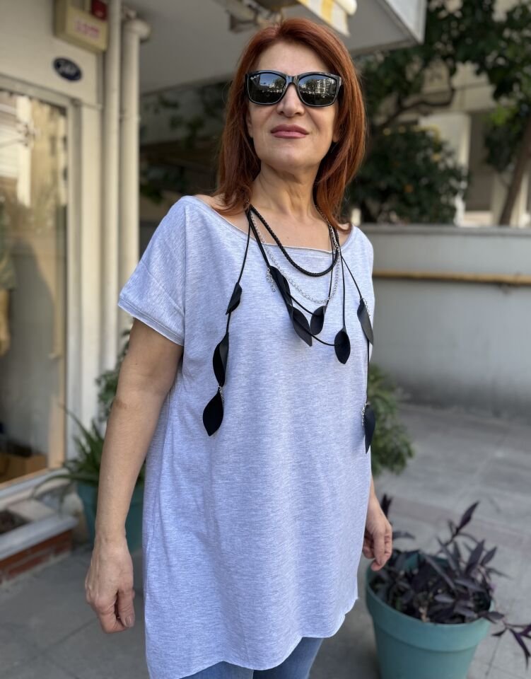 Kayık Yaka Pamuk Tişört Açık Gri