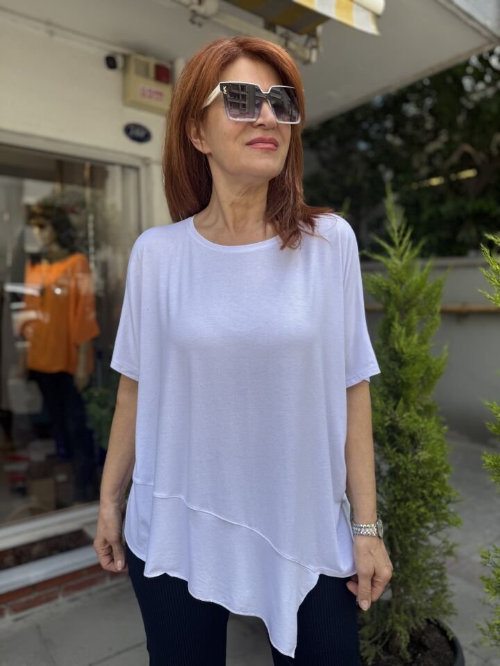 Asimetrik Viskon Tişört Beyaz