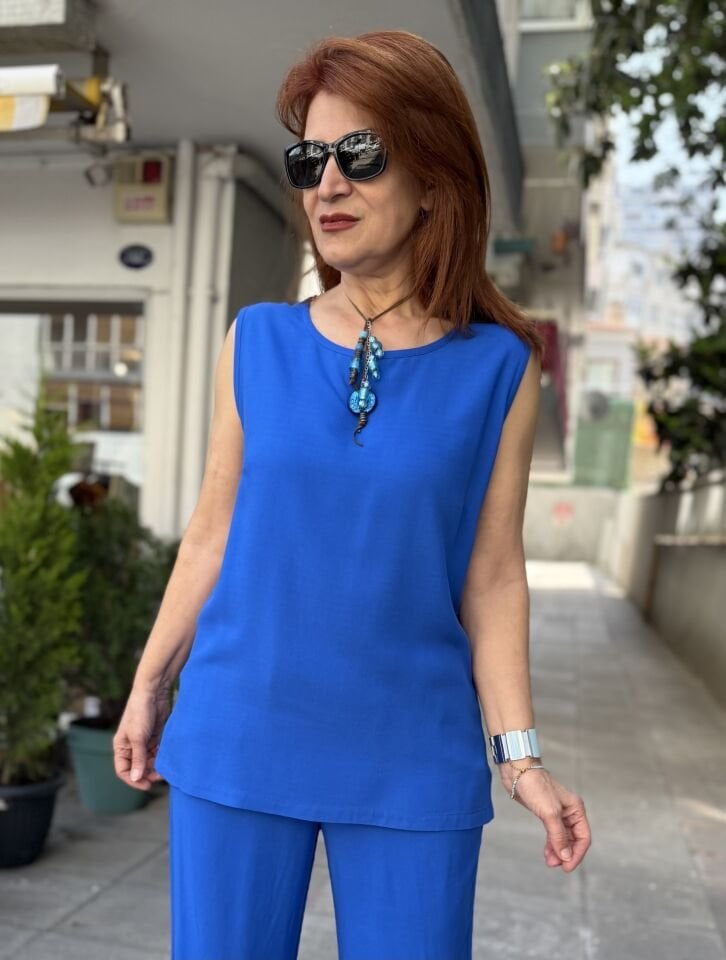 Viskon Kolsuz Bluz Saks Mavi