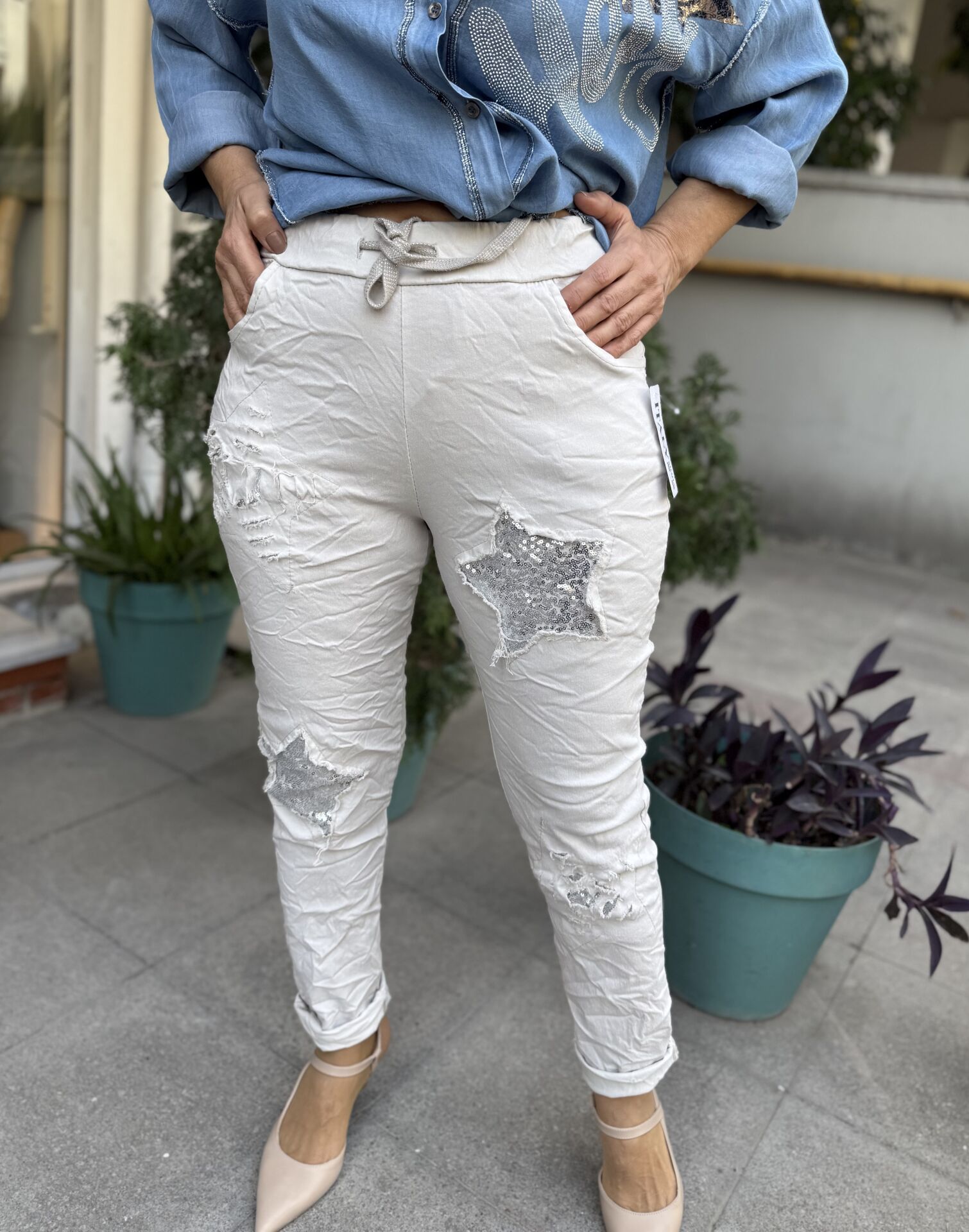 İtalyan Yıldızlı Pantolon Bej