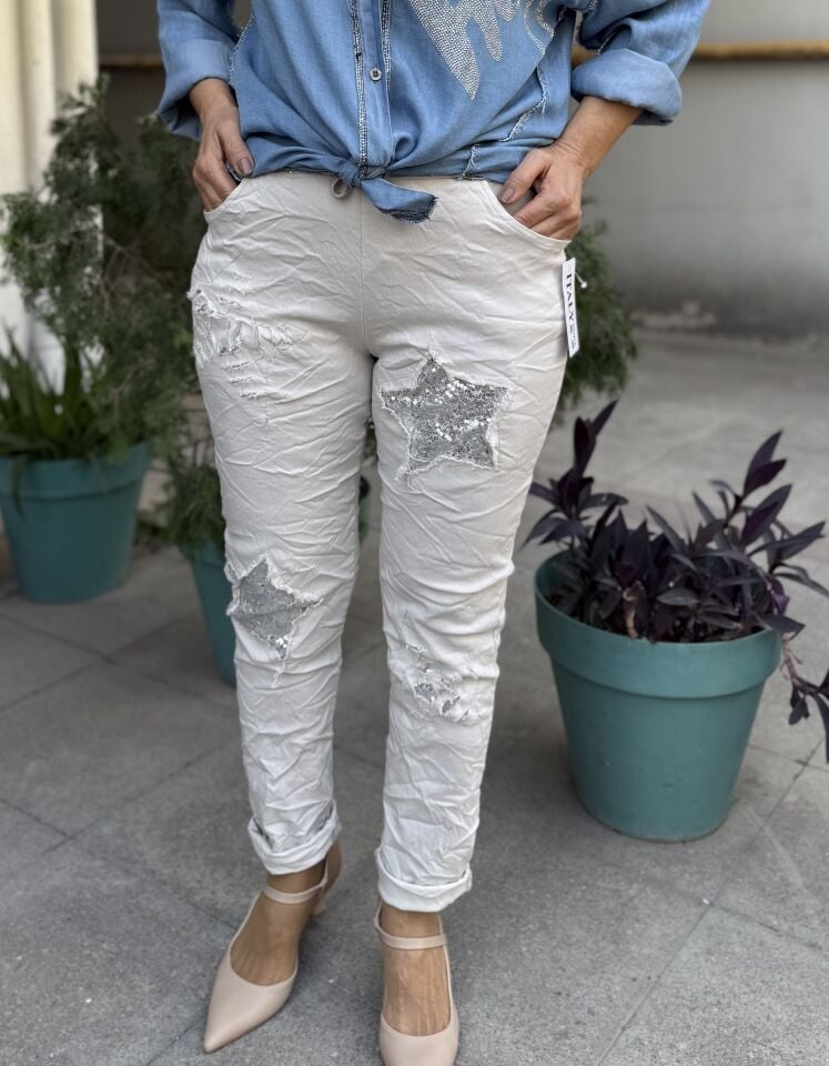 İtalyan Yıldızlı Pantolon Bej