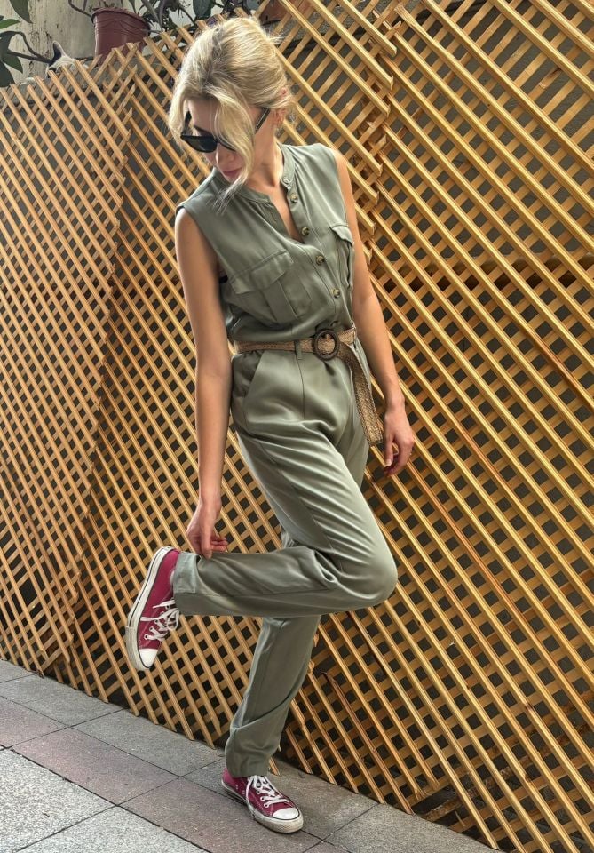 Tencel Önü Düğmeli Tulum Çağla Yeşil