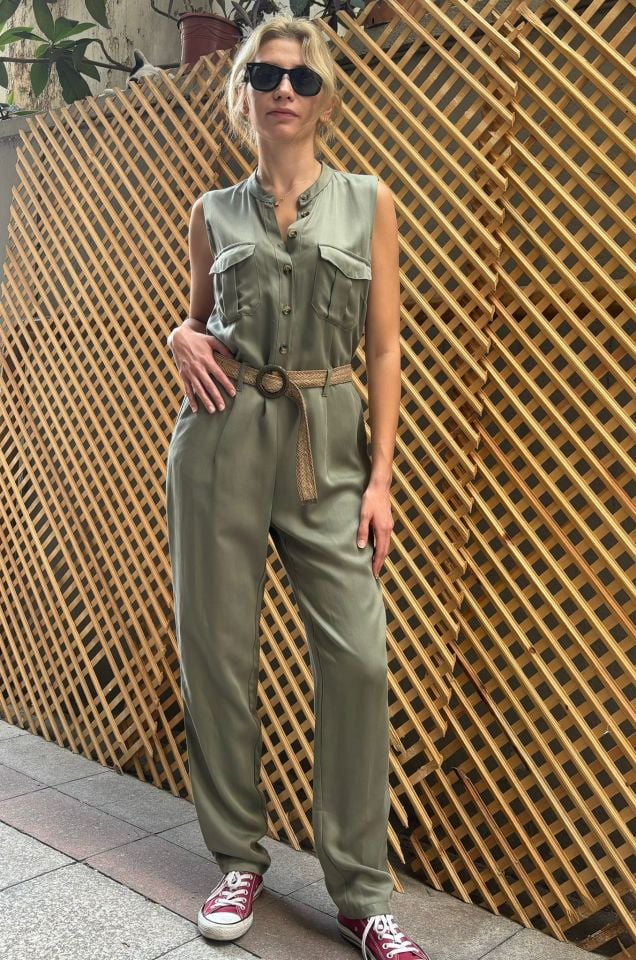 Tencel Önü Düğmeli Tulum Çağla Yeşil