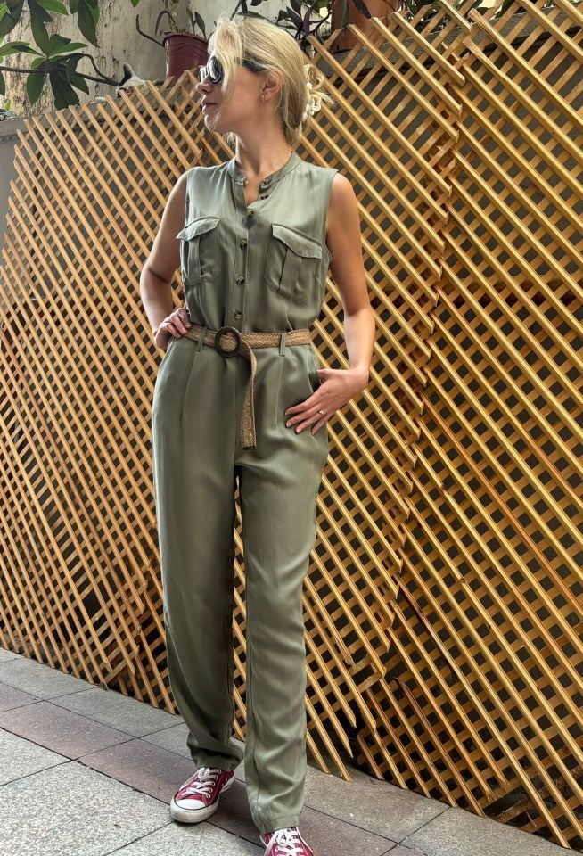 Tencel Önü Düğmeli Tulum Çağla Yeşil