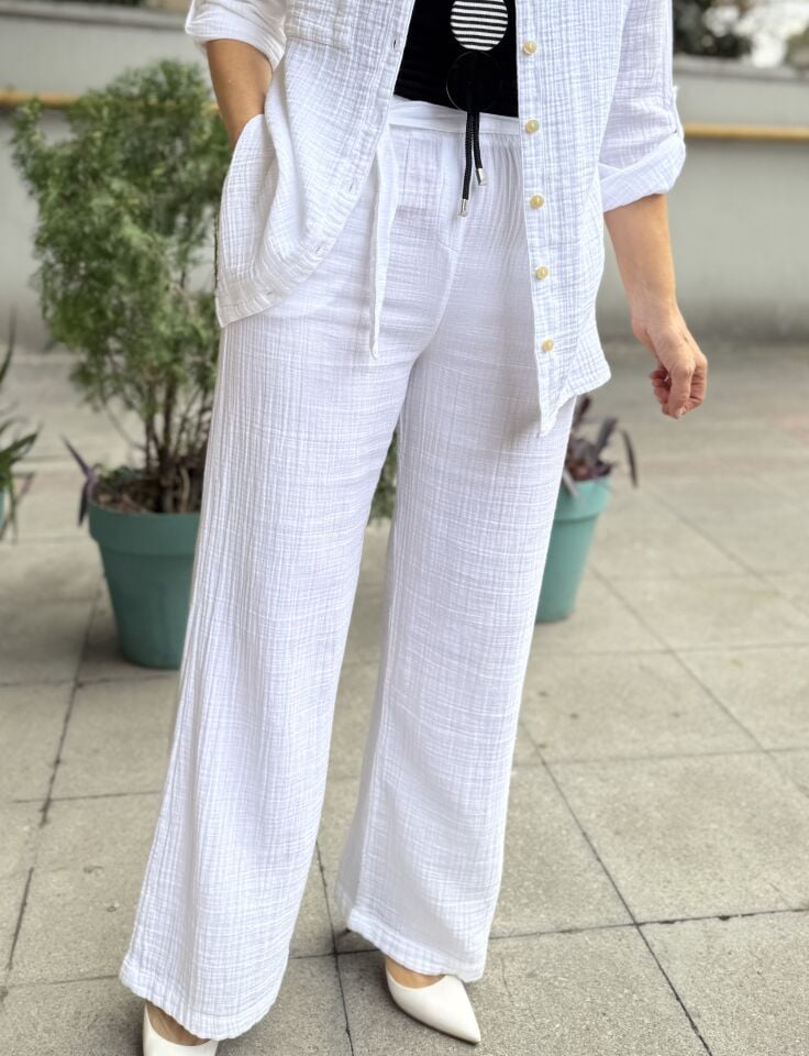 Kuşaklı Müslin Pantolon Beyaz
