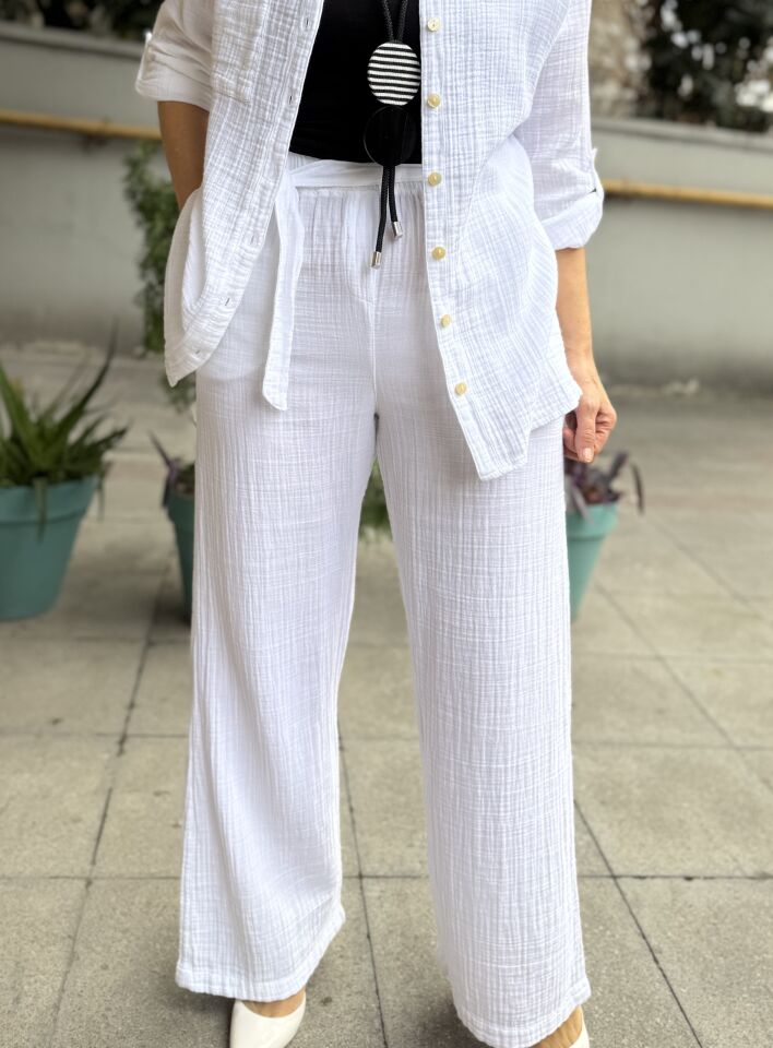 Kuşaklı Müslin Pantolon Beyaz