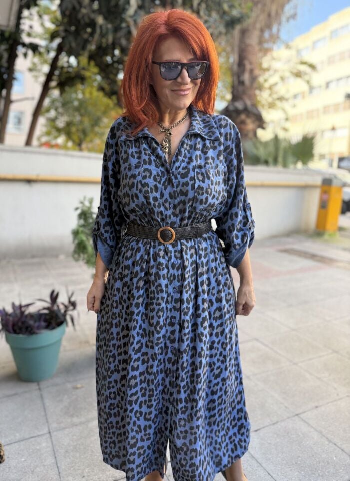 İtalyan Belmando Leopar Elbise Mavi