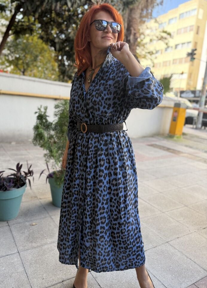 İtalyan Belmando Leopar Elbise Mavi