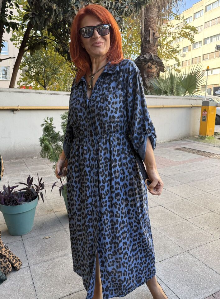 İtalyan Belmando Leopar Elbise Mavi