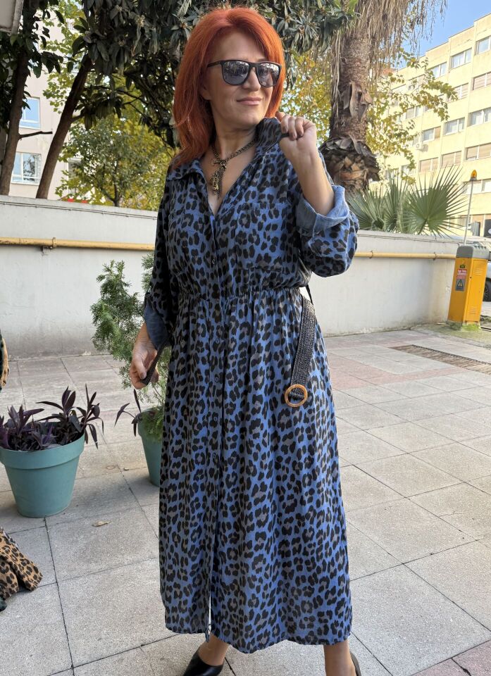 İtalyan Belmando Leopar Elbise Mavi