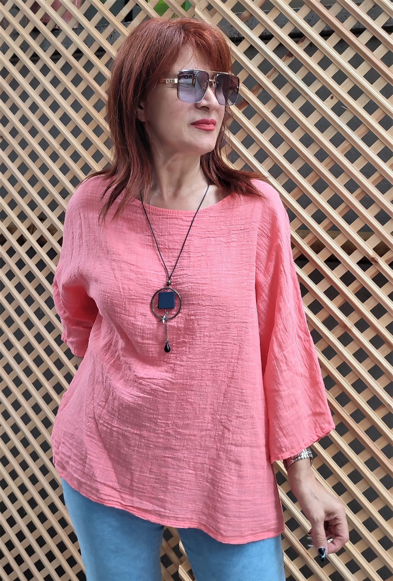 İtalyan Pamuk Keten Bluz Pembe