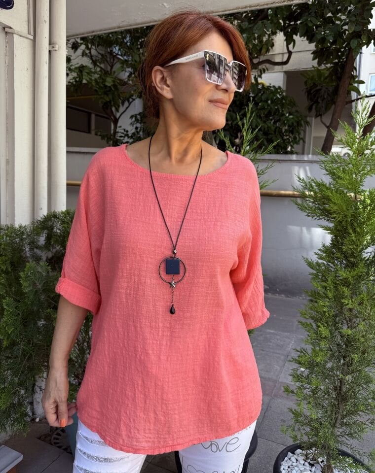 İtalyan Pamuk Keten Bluz Pembe